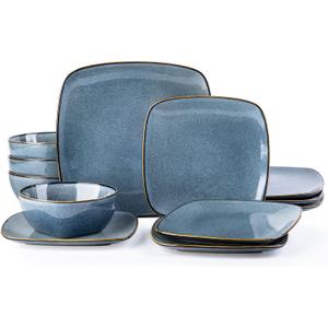 AmorArc Ceramic Dinnerware Sets for 4, 12 Pieces Square Handpainted Plates and Bowls Set, Chip and Scratch Resistant Stoneware Dishes Set, Dishwasher & Microwave Safe, Ocean Blue