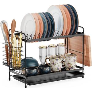 GSlife Dish Drying Rack for Kitchen 2 Tier Small Dish Rack with Drainboard Rust-Resistant Compact Dish Drainer with Utensil Holder Cutting Board Holder for Kitchen Counter, Black