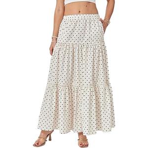Yulaviniee Women's Boho Maxi Skirt with Pockets High Waisted Layered Tiered Apricot Polka Dot Casual A-Line Long Flowy Skirts, Medium