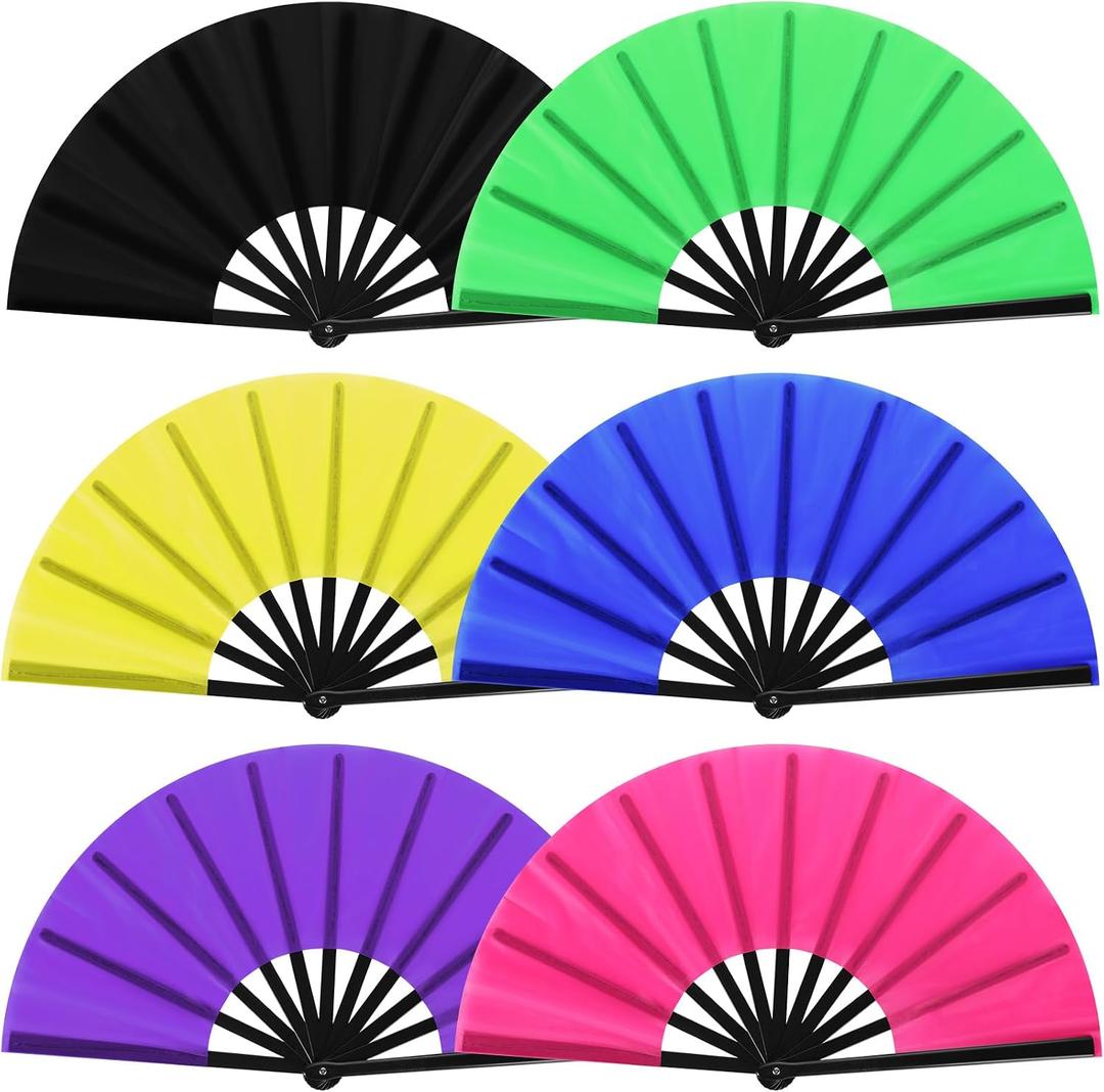 Blulu 6 Pcs Large Folding Fans for Line Dancing 13 Inch Fans Big Silk Clack Popping Make Loud Sound for Music Party Decorations(Neon Color)