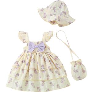 Baby Girl Dresses 6-9 Months Summer 9-12 Month Girl Clothes Infant Layered Ruffle Sleeveless Dress Beige Purple Floral Smocked Sundress Baby Birthday Gifts Cute Boho Beach Casual Outfit