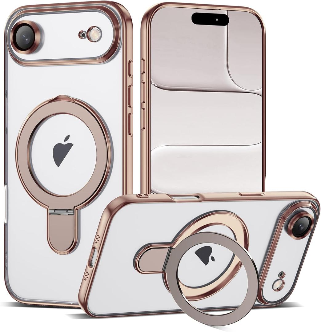 Compatible with iPhone 17 Air Case with Invisible Magnetic Ring Stand [Compatible with Mag-Safe] [Full Camera Lens Protector] Plating Clear Phone Case for iPhone 17 Air 6.5", Desert Gold