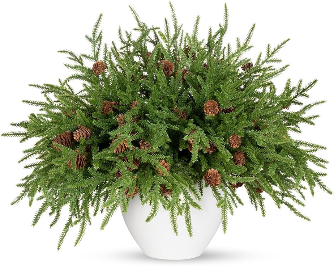 18" Real Touch Christmas Norfolk Pine Stems with Real Pine Cones,Natural Droopy Soft Bendable Artificial Pine Branches,Faux Greenery Pine Picks for Vase DIY Garland Wreath Xmas Home Decor(12Pcs)