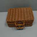 Mini Wicker Picnic Basket, Decorative Prop Suitcase Vintage Storage Hamper Makeup Organizer, 11.5" Metal Lock Plastic Rattan Storage Box with Handles for Sundries Travel Camping and Outdoor Party (L) (Brown)