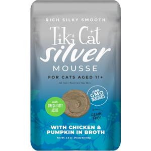 TIki Cat Silver Mousse, With Chicken & Pumpkin In Broth, Silky Smooth Nutrient Rich Formulated for Older Cats Aged 11+, 2.9 oz. Pouch (12 Count), BBD: 05/14/2027