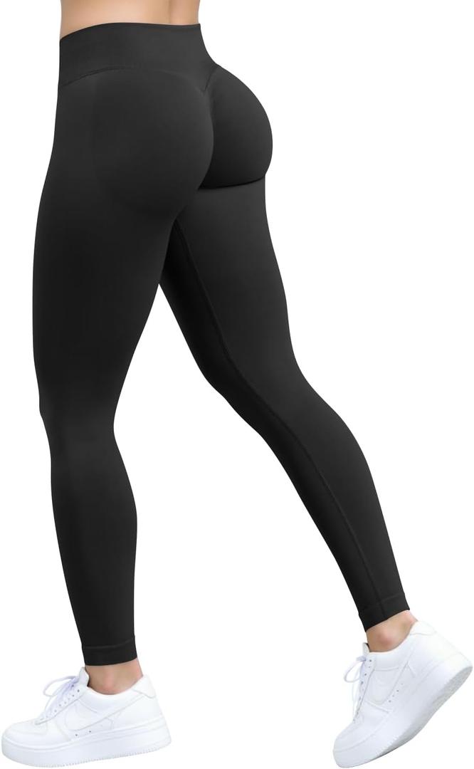 OQQ Workout Leggings for Women Seamless Scrunch Tights Tummy Control Impact Girl Activewear Yoga Pants  (Medium, Black)