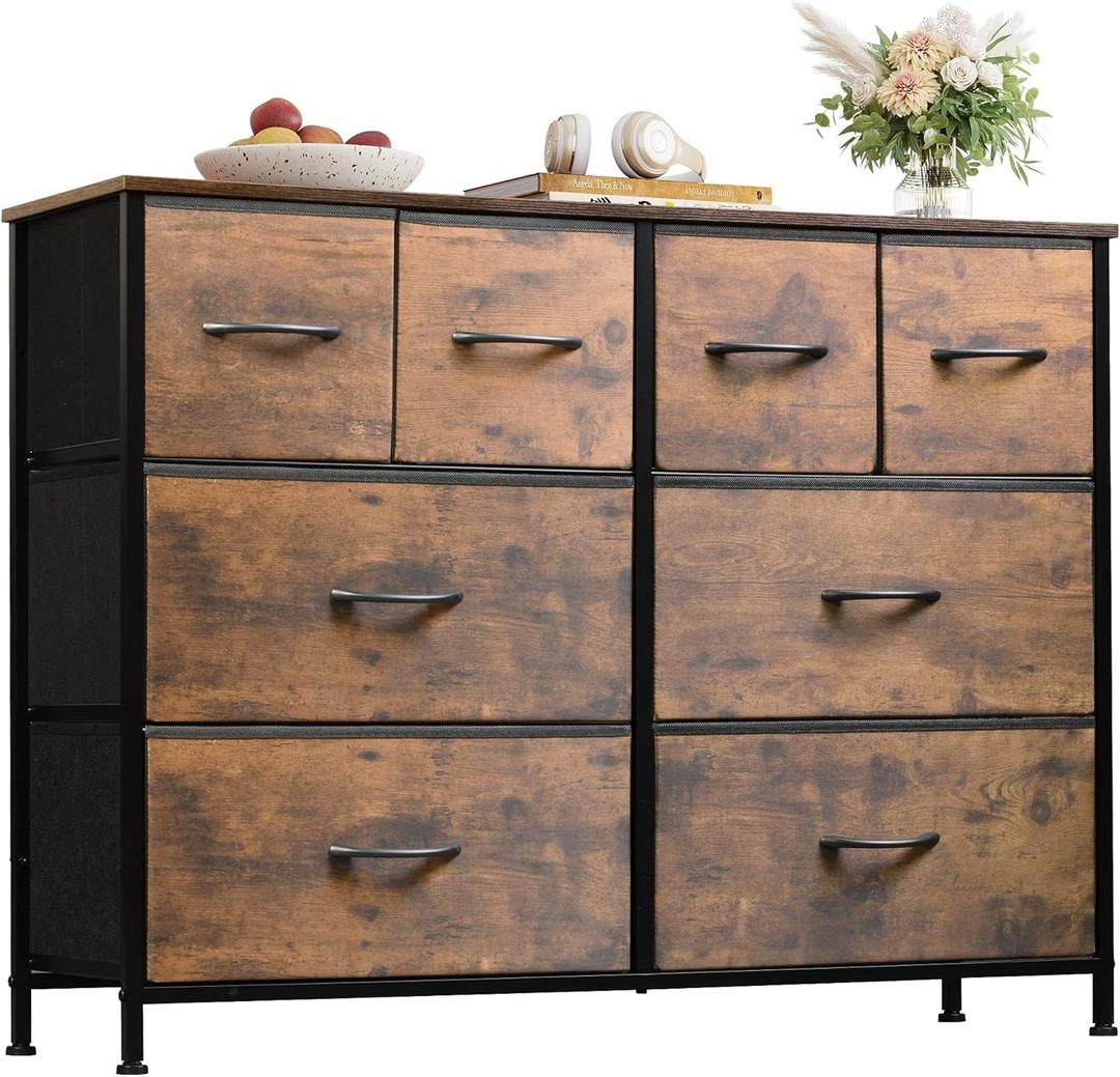 WLIVE Dresser for Bedroom with 8 Drawers, Wide Fabric Dresser for Storage and Organization, Bedroom Dressers, Chest of Drawers for Living Room, Closet, Entryway, Rustic Brown Wood Grain Print, 11.8"d X 39.4"w X 30.4"h