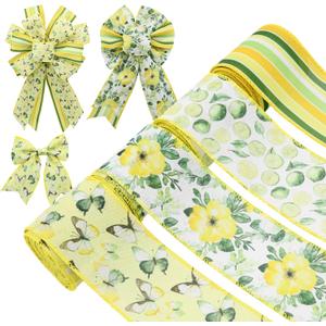 4 Rolls Floral Wired Edge Ribbon  Spring Summer Yellow Grosgrain with Butterfly, Lemon & Flower Motifs for Gift Wrapping, Wedding Decor, DIY Crafts (2.5 Inch, 5 Yards Each), Mother's Day Gift