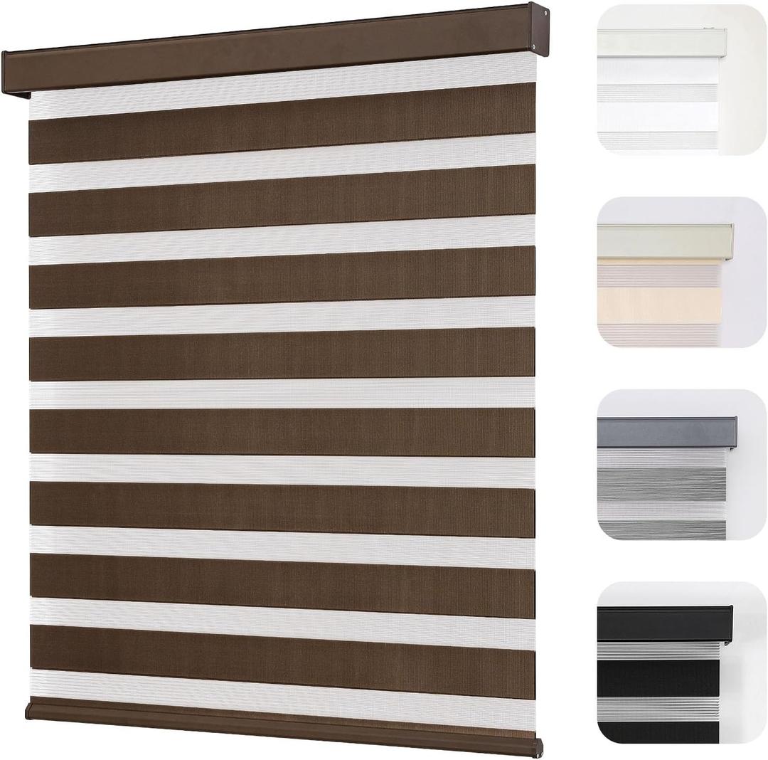 Joydeco Cordless Zebra Blinds for Windows, Dual Layer Light Control Window Blinds with Light-Proof Aluminum Cover, Free-Stop Roller Shades for Home & Office (Coffee,22" W x 75" H)