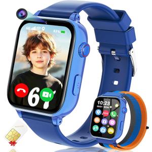 4G Kids Smart Watch GPS Tracker, Smartwatch for Kid with Video Calling, Voice Chat, Class Mode, SOS, Pedometer, Alarm, SIM Card HD Touch Screen Phone Watch Gift for 4-12 Girls Boys (Blue)