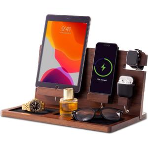 Wooden Nightstand Organizer - Nightstand organizer for men - Phone Key Stand - Mens nightstand organizer with hidden wire grooves - Nightstand Docking Station with felt lining
