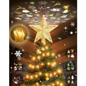 Christmas Tree Topper with 32.8FT Warm Light Cord and 6 Projection Modes, Christmas Star Tree Topper Built-in LED Rotating Projector Lights, 3D Glitter Christmas Tree Decorations (Gold)
