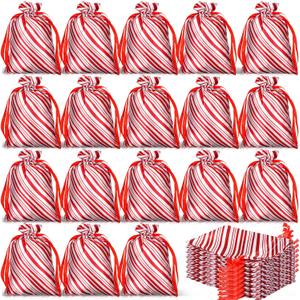 Windyun 100 Pcs Christmas Satin Gift Bags with Drawstring Candy Cane Bags Christmas Mini Glitter Stripes Treat Bag Reusable Gift Wrapping Sack for Xmas Holiday Party Favor(4 x 6 Inch,White and Red)