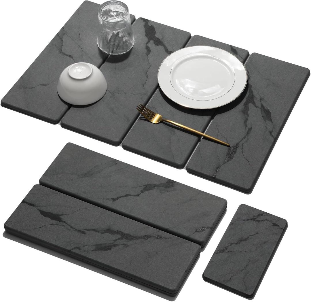 Large Stone Dish Drying Mat for Kitchen Counter, 2 PCS Quick Dry Stone Mats, Foldable Water Absorbing Diatomaceous Earth Drying Dishes Pad for Countertop Bottles Utensils Cup(Dark gray 24"x16"&8"x4")
