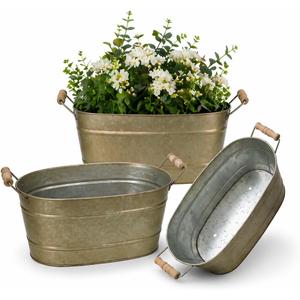 vensovo 15 Inch Galvanized Planters for Outdoor Plants - 3 Pcs Rustic Large Metal Flower Buckets with Drainage & Plug, Farmhouse Style Oval Planter Containers with Handles, Great for Home Decor