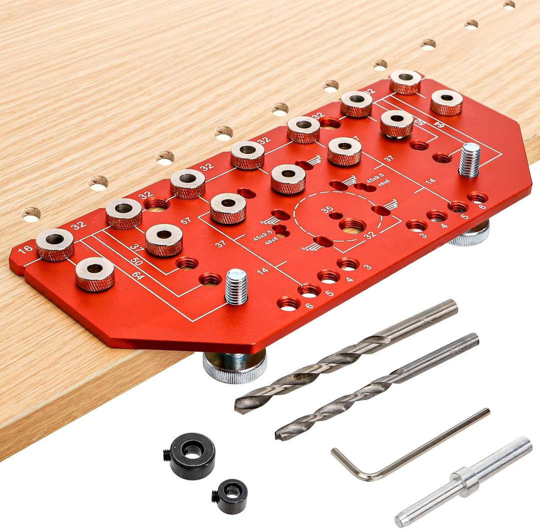 Shelf Pin Jig and Hinge Jig, Two-in-One Adjustable Shelf Pin Drilling Jigs with 1/4" 5mm Drill Bits, Self-contained Clamping Cabinet Hardware Jigs Tool Holes Drill Guide for Woodworking