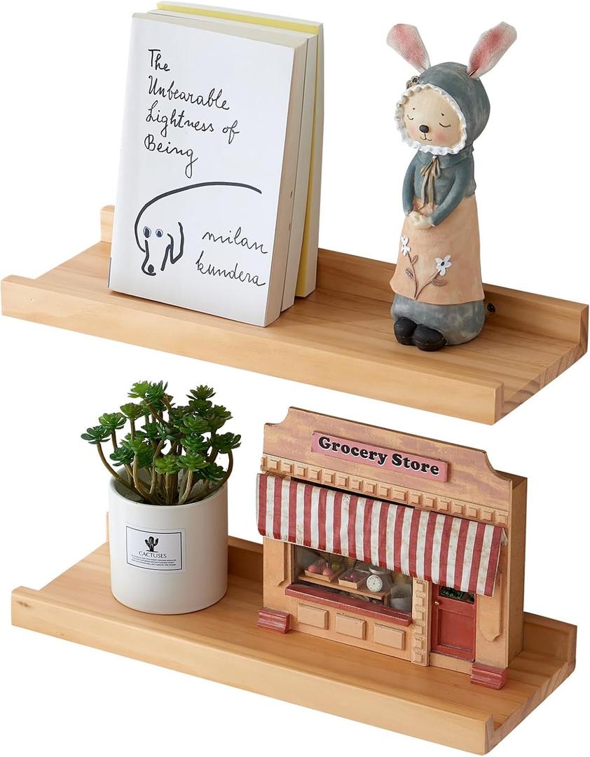 OAKERLAND 16 inch Floating Shelves for Wall Set of 2, Rustic Pine Wood Wall Shelves for Bathroom, Living Room, Bedroom and Kitchen, Picture Ledge for Storage,Books,Room Decor,6x16 inch