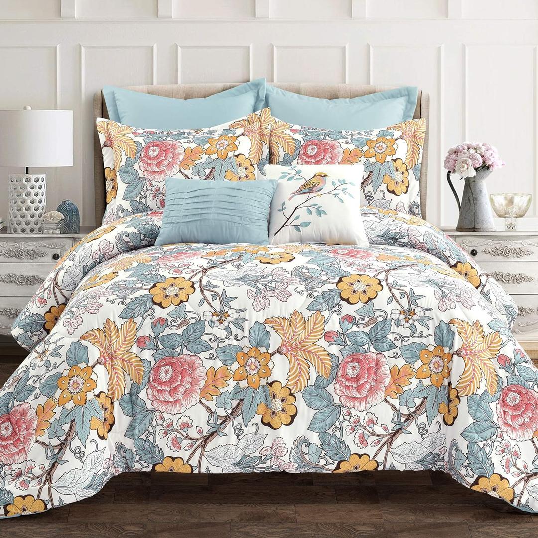 Lush Decor Sydney Comforter Set, 7 Piece, King, Blue & Yellow - Fully Styled Bedding King Size Comforter Set - Colorful Floral Print - Cottage Core Decor - Coquette Bedding
