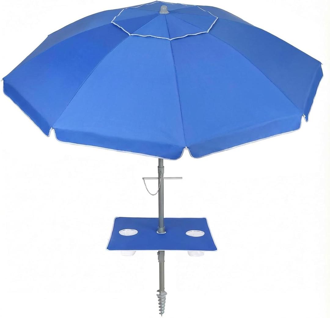 PASAMIC 7ft Beach Umbrella for Sand Featuring a 23'' Built-in Table with Sand Anchor & Tilt, UPF 50+ Protection Beach Umbrellas for Heavy Duty Wind Portable with Carry Bag and Hook, Dark Blue