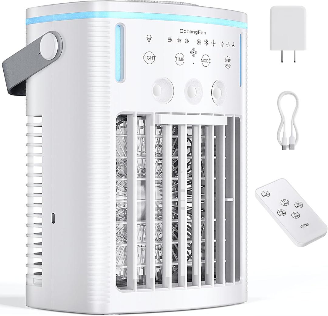 Portable Air Conditioners, New 4-in-1 Ultra-Quiet Portable AC Unit, 1000ML Water Tank Evaporative Air Cooler with 3-Cool Mist & 3-Speeds, Remote Control, 7 Color Light, 8H Timer for Bedroom,Office,Car