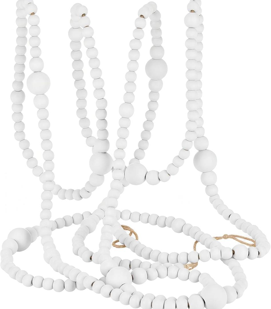 12 Feet Christmas Wooden Beads Garland Round Craft Farmhouse Vintage Wood Bead Garlands for Xmas Decoration Supplies(White)