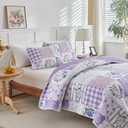 Joyreap 3 Pieces Floral Quilt Set King, Patchwork Purple n Pink Flowers Design, Smooth Soft Microfiber Quilt, Bedspread Bed Cover for All Season, 1 Quilt and 2 Pillow Shams- 102x90 inches