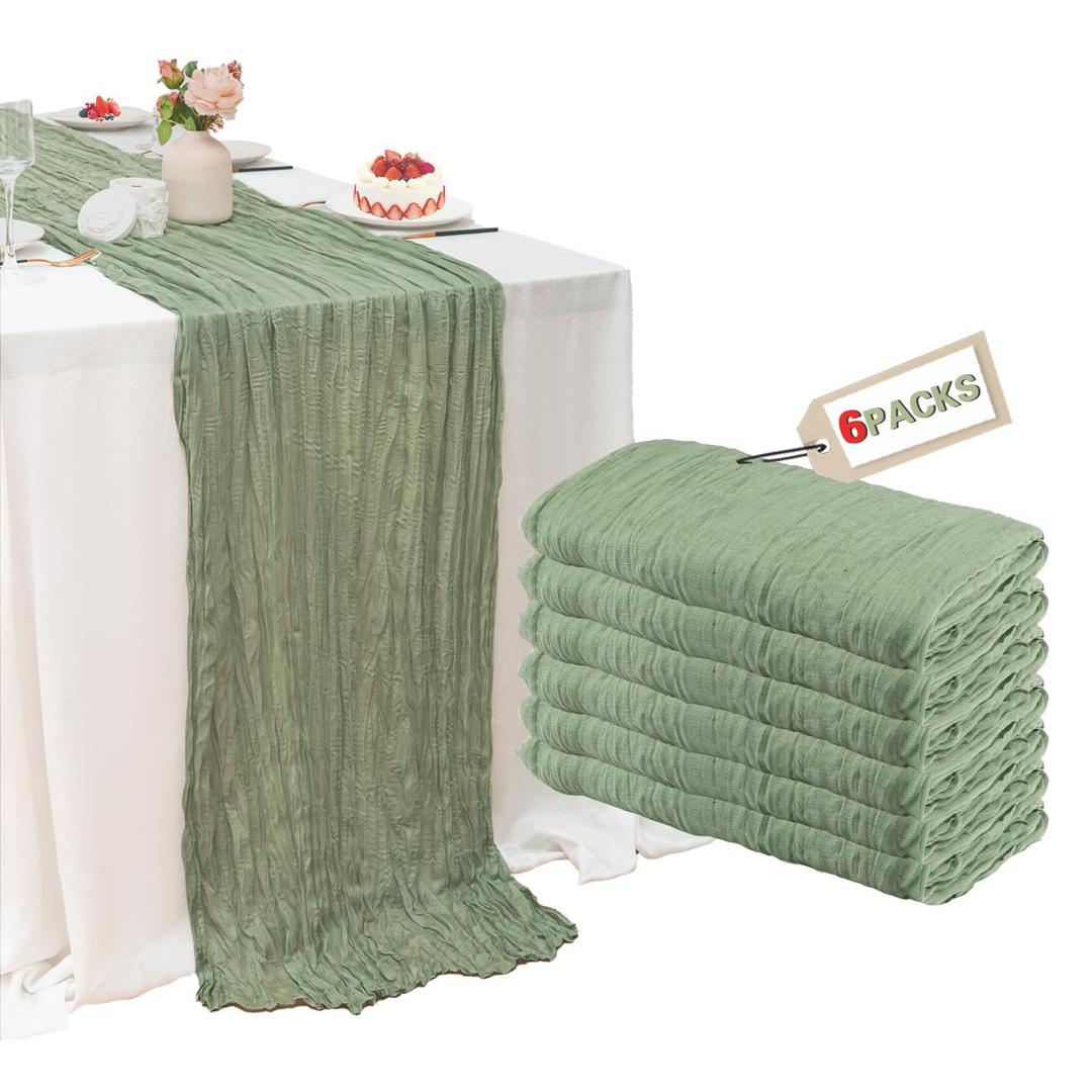 6 Pack Sage Green Cheesecloth Table Runner, 120 Inch Spring Boho Gauze Table Runners, Rustic Sheer Cheese Cloth Table Runners for Wedding, Baby Shower, Birthday Party, Home Decor