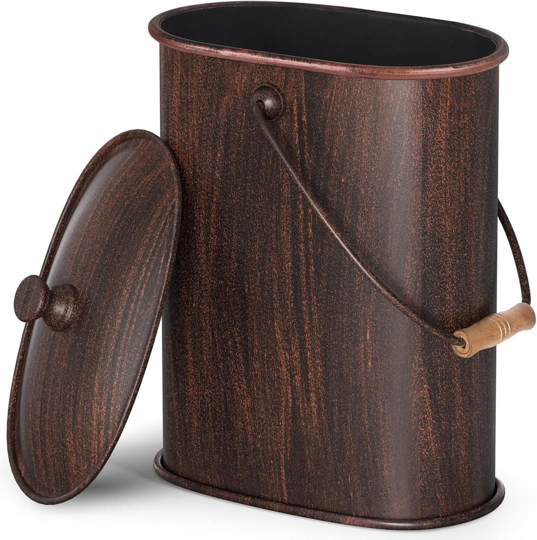 AMAGABELI GARDEN & HOME Ash Bucket with Lid Outdoor Indoor Coal for Fireplace Medium Fire Bronze Metal Ash Can for Grill Charcoal Bucket Essential Tools for Indoor Fireplace Fire Pit (11.2''x6.1''x 15'')
