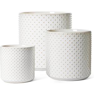 LE TAUCI Ceramic Pots for Plants, 10/8/6 Inch Indoor Planters with Draiange Hole, Silicone Plug & Mesh Pad, Modern Rasied-Dots Pots for Home Office, Set of 3, Glossy, Arctic White