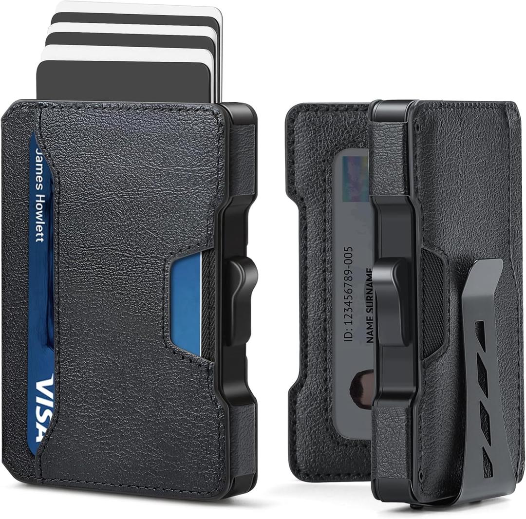 Slim Wallet for Men - Minimalist Mens Wallet with Money Clip, Aluminum Pop Up Card Case and Leather Slots Credit Card Holder RFID Blocking Wallet for Men with Gift Box (Black)