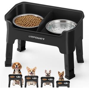 URPOWER Mess Proof Elevated Dog Bowls, High Wall Splash Guard Design, 4 Height Adjustable Raised Bowl Stand, 2 Stainless Steel Bowls, Non-Slip Food Water Set for Small, Medium Dogs