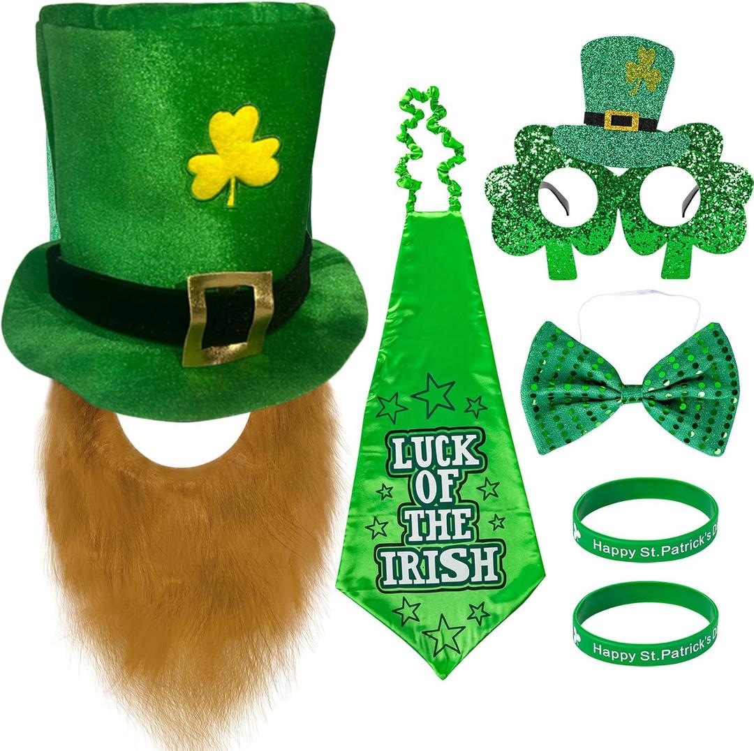 St. Patrick's Day Party Accessory Set, Hat, Beard, Bow Tie, Tie, Bracelet and Glasses, Leprechaun Costume for Parties, Celebrations