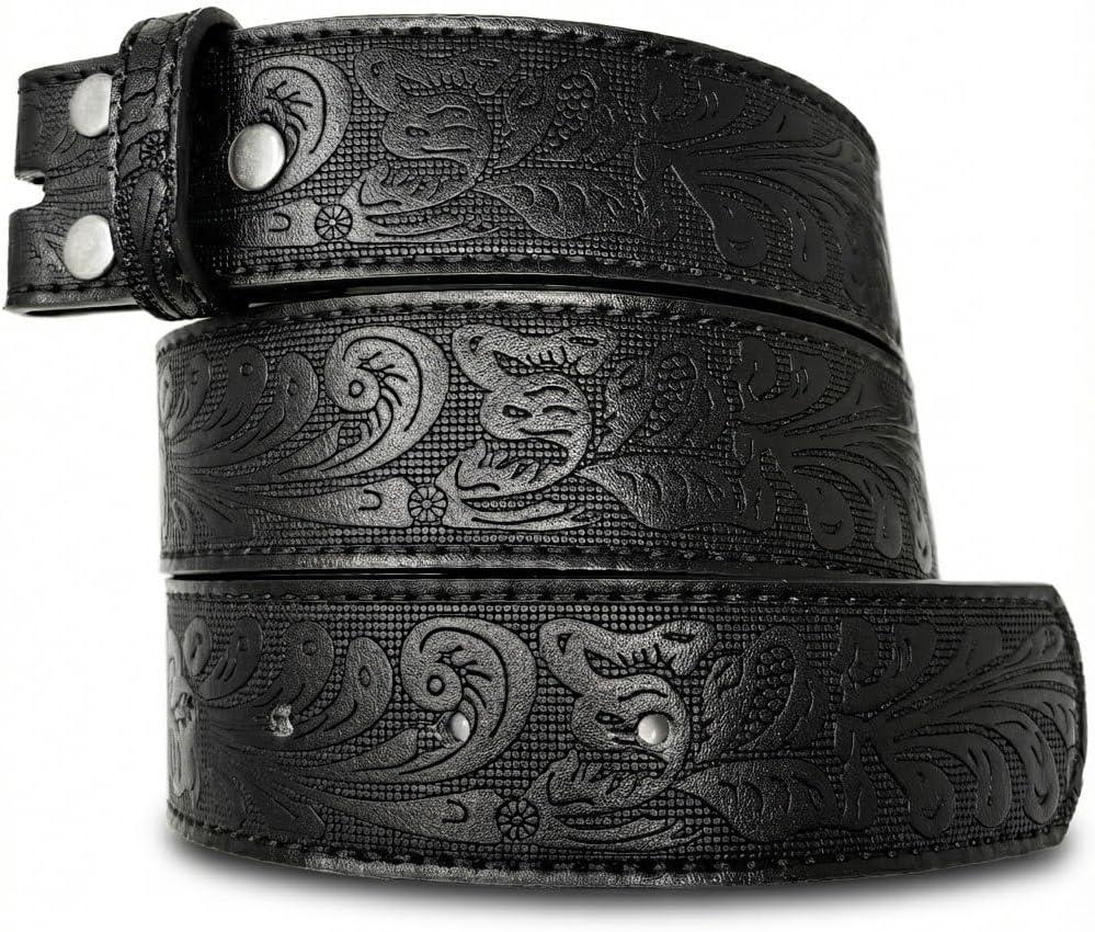 BC Belts Leather Belt Strap with Embossed Western Scrollwork 1.5" Wide with Snaps (Black-S)