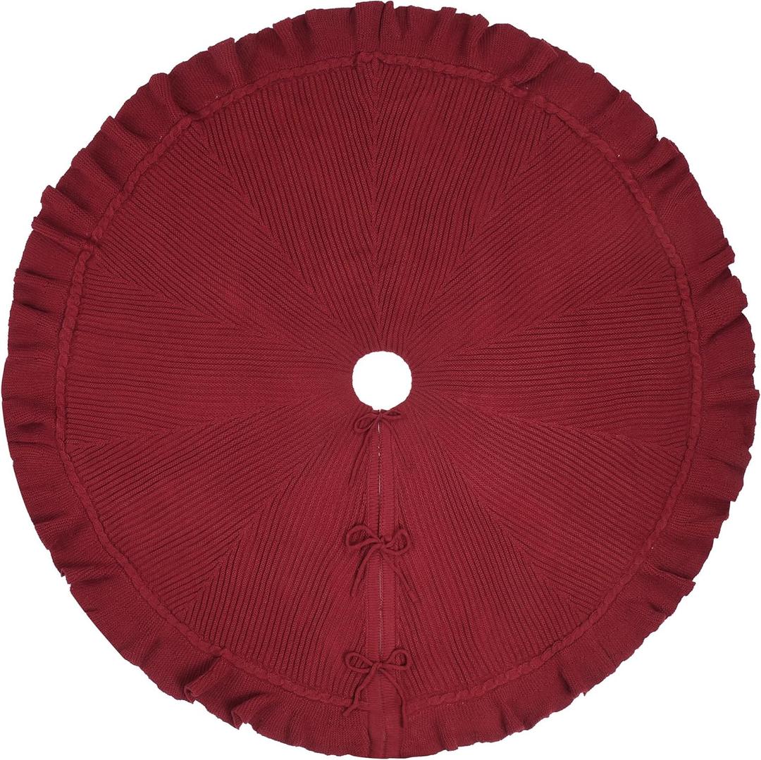 36-Inch Ruffled Sweater Knit Christmas Tree Skirt with Lace Ties, Burgundy