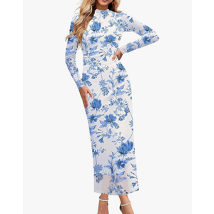 MEROKEETY Women's 2025 Long Sleeve Tie Dye Dress Bodycon Mock Neck Mesh Ruched Cocktail Maxi Dresses, Size L