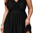 SCOMCHIC Women's Plus Size Swimsuit One Piece Tummy Control Ruffle V Neck Swim Dress Tankini Swimwear Bathing Suit (X-Large Plus, Black)