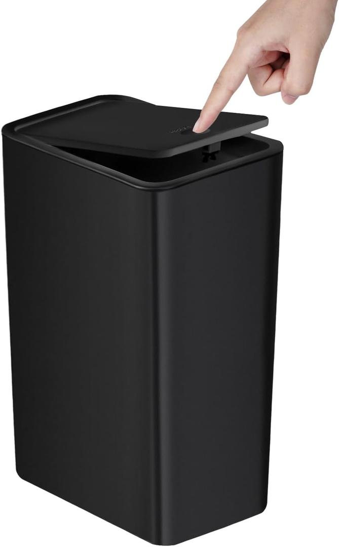 TIPGO Bathroom Can with Lid, 10 Liter/ 2.6 Gallon Slim Garbage Can, Small Bin Waste Basket with Pop-Up Lid for Kitchen, Bedroom, Living Room, Office (Black)