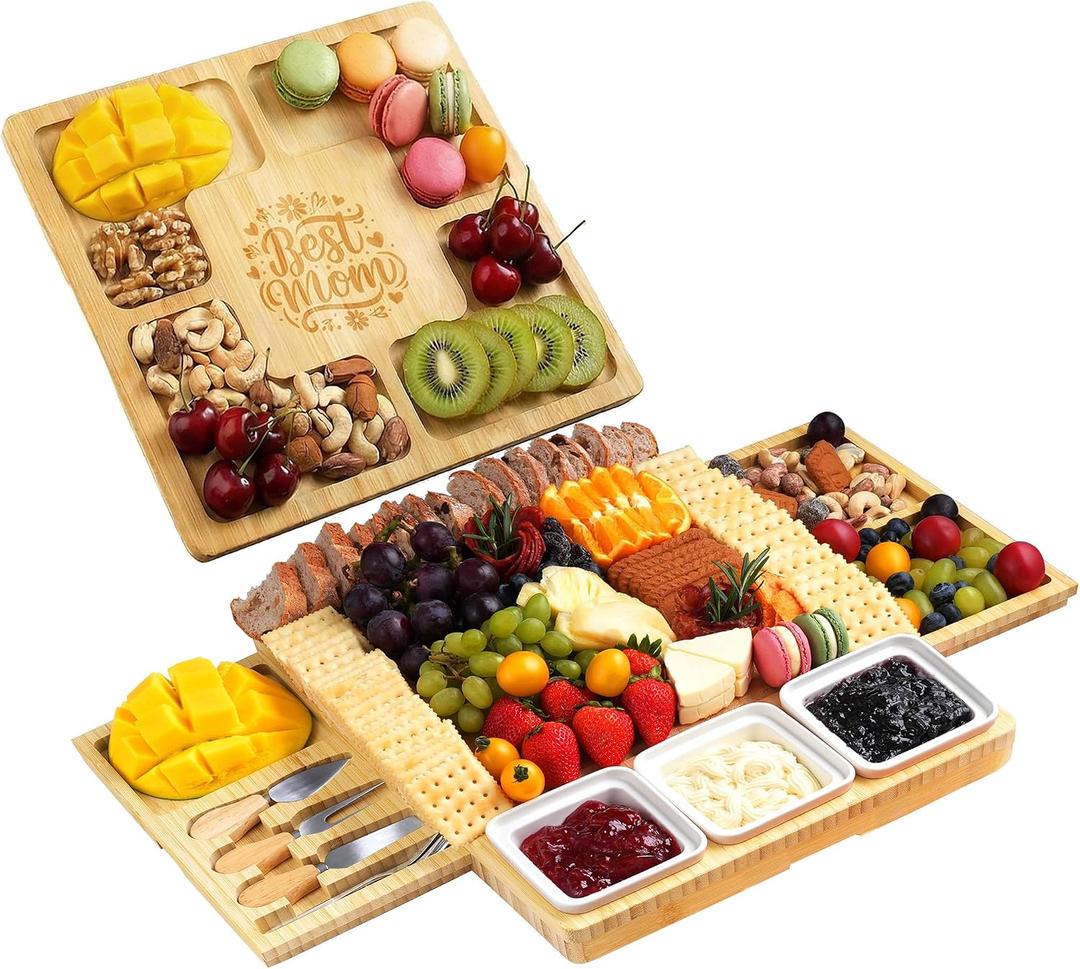 Large Charcuterie Board Set with Knife Set, 12.6" 11.2" Square Fruit Tray, Bamboo Cheese Platter (Double-Drawer), Great for Group Gatherings, House Warming Gifts New Home, Mother theme