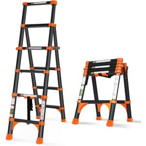 RIKADE Telescoping Ladder, A-Frame Aluminum Telescopic Ladder with 1-Button Retraction, Portable Extension Ladder Adjustable Lightweight Folding Ladder for Home or RV Work, 330lb Capacity(1.4+1.7M)