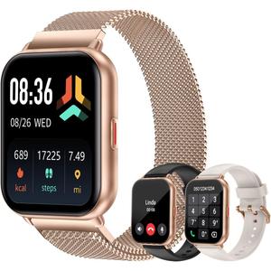 Smart Watches for Women Men (Answer/Make Calls, 3 Bands), 1.85" Fitness Tracker Watch for iPhone/Android Phones with Heart Rate Monitor Sleep/Steps Tracker 100+ Sports Pedometer Waterproof Gold (Starlight)