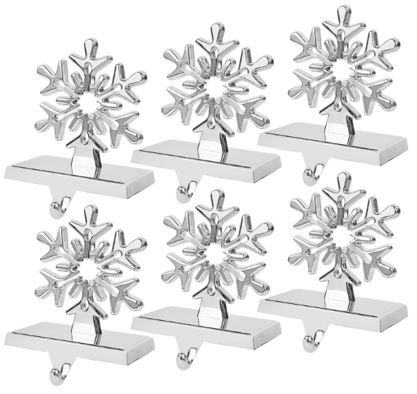 yofit 6 Pcs Christmas Snowflake Stocking Holder, Metal Christmas Stocking Hanger, 3D Sliver Stocking Hooks NonSlip for Fireplace Mantel Window Christmas Home Xmas Party Decor