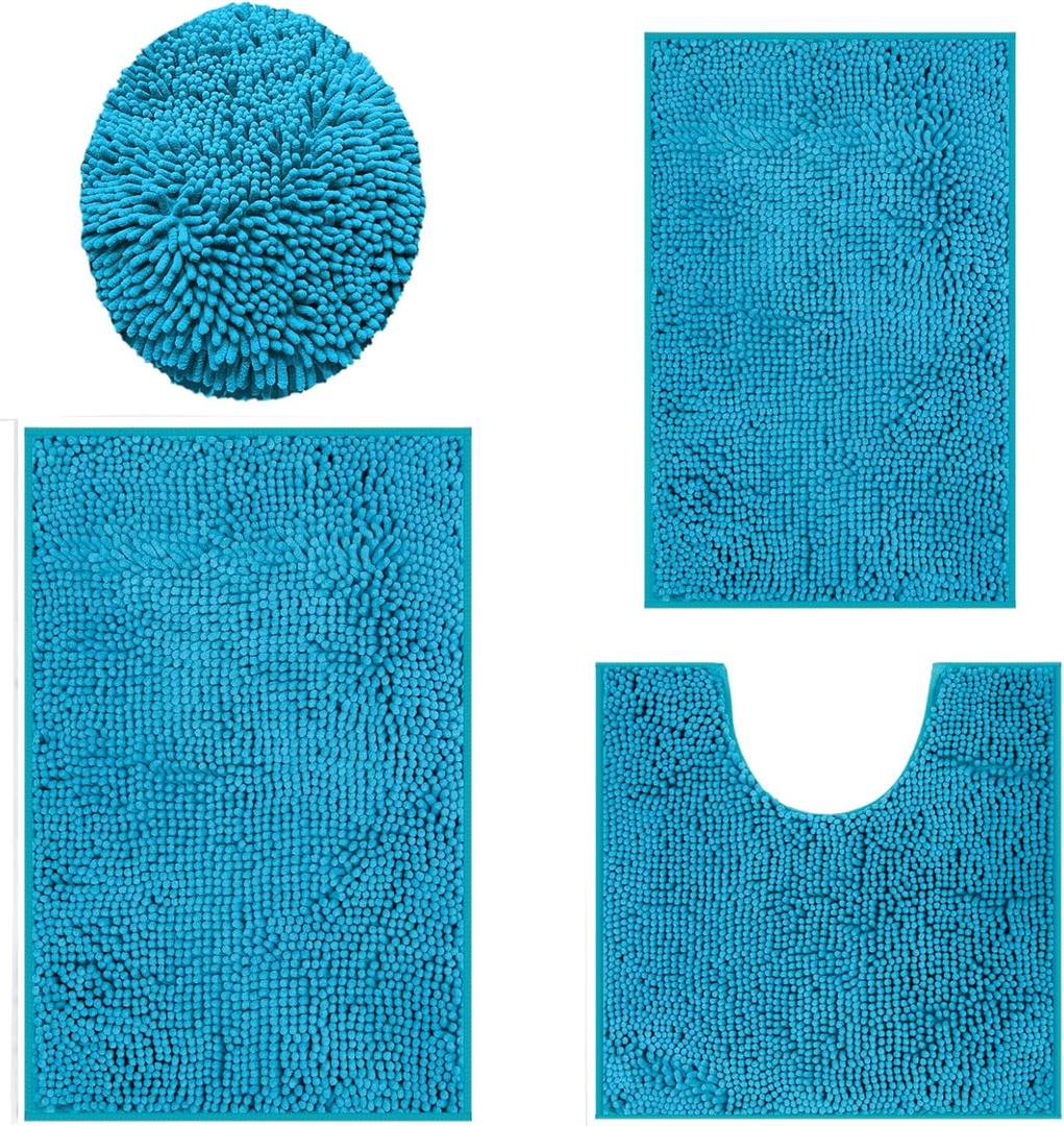 Bath Mat Set 4 Pieces, Plush Rugs for Bathroom, Soft Cozy Shaggy Durable Thick Chenille Mats, Non-Slip Plush Carpet for Floor, Tub, and Shower, Teal Blue