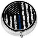 Pill Box, Small Pill Organizer with 3 Compartments and Mirror, Cute Round Portable Travel Metal Pill Case for Pocket or Purse, Privacy-Protecting Medicine Box-Black Blue Tree Leaves American Flag