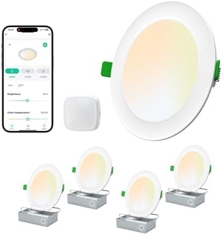 LEPOWER-TEC Recessed LED Can Lights 6 Inch, Smart Wi-Fi Connect White LED Ceiling Light, Adjustable 2700K-6500K Downlight with Junction Box, APP & Voice Control, 1100 Lumens, 4 Pack