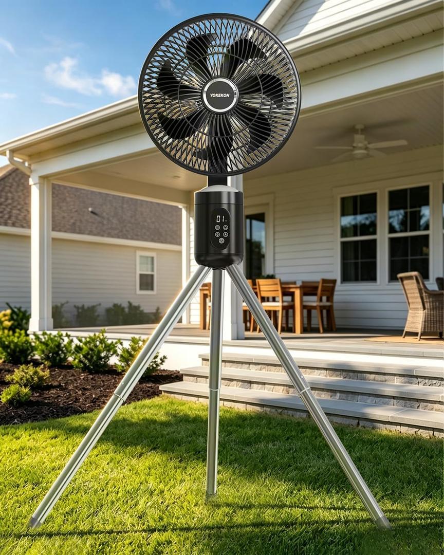 Outdoor Fans for Patios,Cordless Outdoor Fan with Light and Remote,Pedestal to Tabletop & Hanging,Battery Operated Rechargeable Fan,12" Oscillating Fan For Quiet,8 Speeds,Timer,Gazebo,Deck,Porch,Black