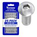 Fastenere Button Head Socket Cap Screws - 1/4-28 x 3/8" (25 Pack) Stainless Steel 18-8, Full Thread, Bright Plain Finish, Corrosion-Resistant, Machine Thread, Easy to Install w/Allen Socket Drive