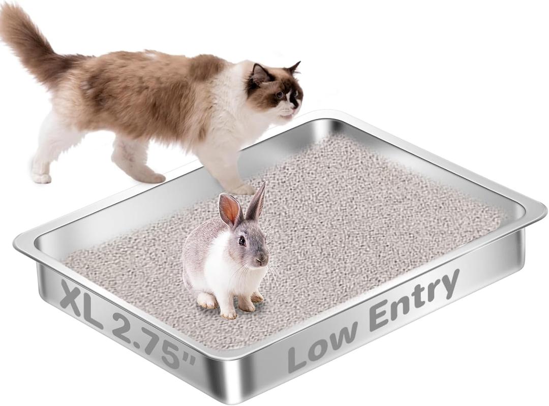 Low Entry Stainless Steel Cat Litter Box for Senior Cats, Large Metal Kitten Shallow Litter Box, Easy Access Kitty Litter Tray-19.68'' Lx 13.78'' W x 2.76'' H