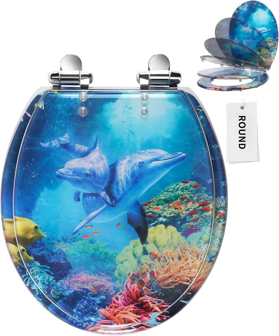 Angol Shiold Round Ocean Resin Toilet Seat Slow Close Quick Release Metal Zinc Alloy Hinge Easy to Install also Easy to Clean, Decorative Acrylic Seats (16.5 Inch, Blue Dolphins)