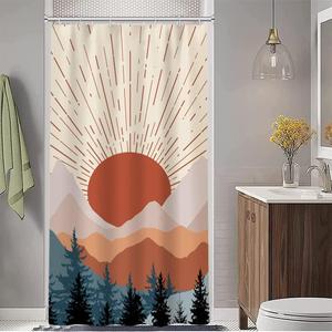 Stall Shower Curtain, Mid Century Boho Sunrise Small Shower Curtain Waterproof Abstract Terracotta Mountain Forest Narrow Shower Curtain Set with Hooks, 36x72 Inch
