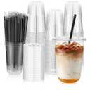 100 Set 16oz Plastic Cups with Lids and Straws, Disposable Clear Iced Coffee Cup with Lid, Round Bottom Plastic To Go Cups for Cold Drinks Slushie Smoothie Lemonade Matcha Party Shop Supplies